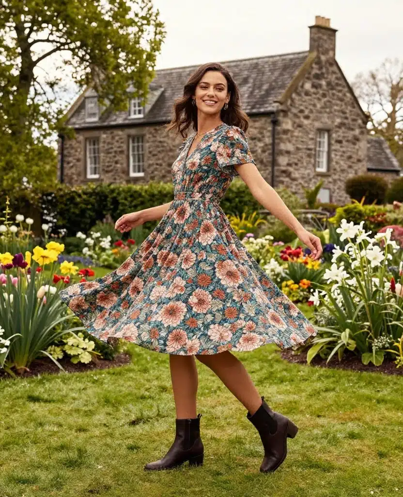10 Stylish Scotland Outfits for August That Will Turn Heads! 20 What to Wear in Scotland in August 10 Stylish Scotland Outfits for August That Will Turn Heads! - 4. Flowy Midi Dress with Ankle Boots 1