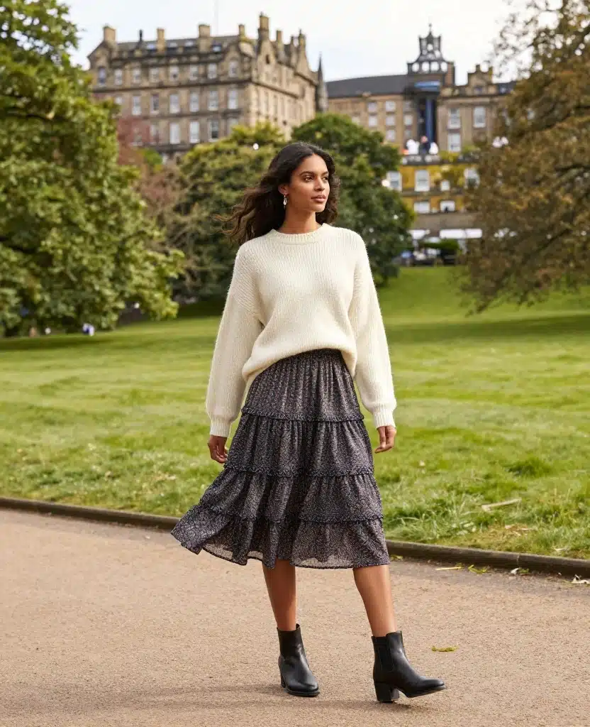10 Stylish Scotland Outfits for August That Will Turn Heads! 36 What to Wear in Scotland in August 10 Stylish Scotland Outfits for August That Will Turn Heads! - 6. Layered Midi Skirt with Knit Sweater 1