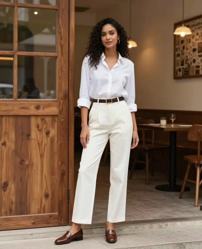 10 Stylish Scotland Outfits for August That Will Turn Heads! 48 What to Wear in Scotland in August 10 Stylish Scotland Outfits for August That Will Turn Heads! - 8. Classic White Shirt with Tailored Trousers 1