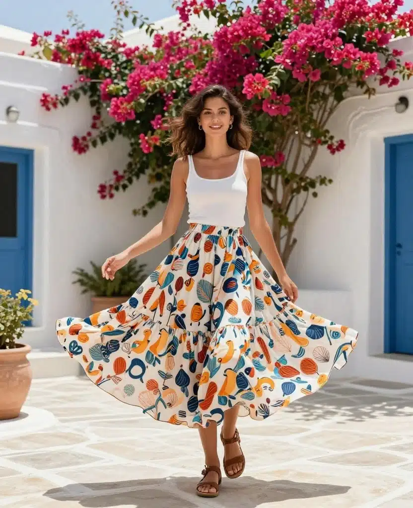 10 Trendy Greece Fashion Tips for August That Will Turn Heads! 45 What to Wear in Greece in August 10 Trendy Greece Fashion Tips for August That Will Turn Heads! - 7. Flowy Skirts for a Feminine Touch 1