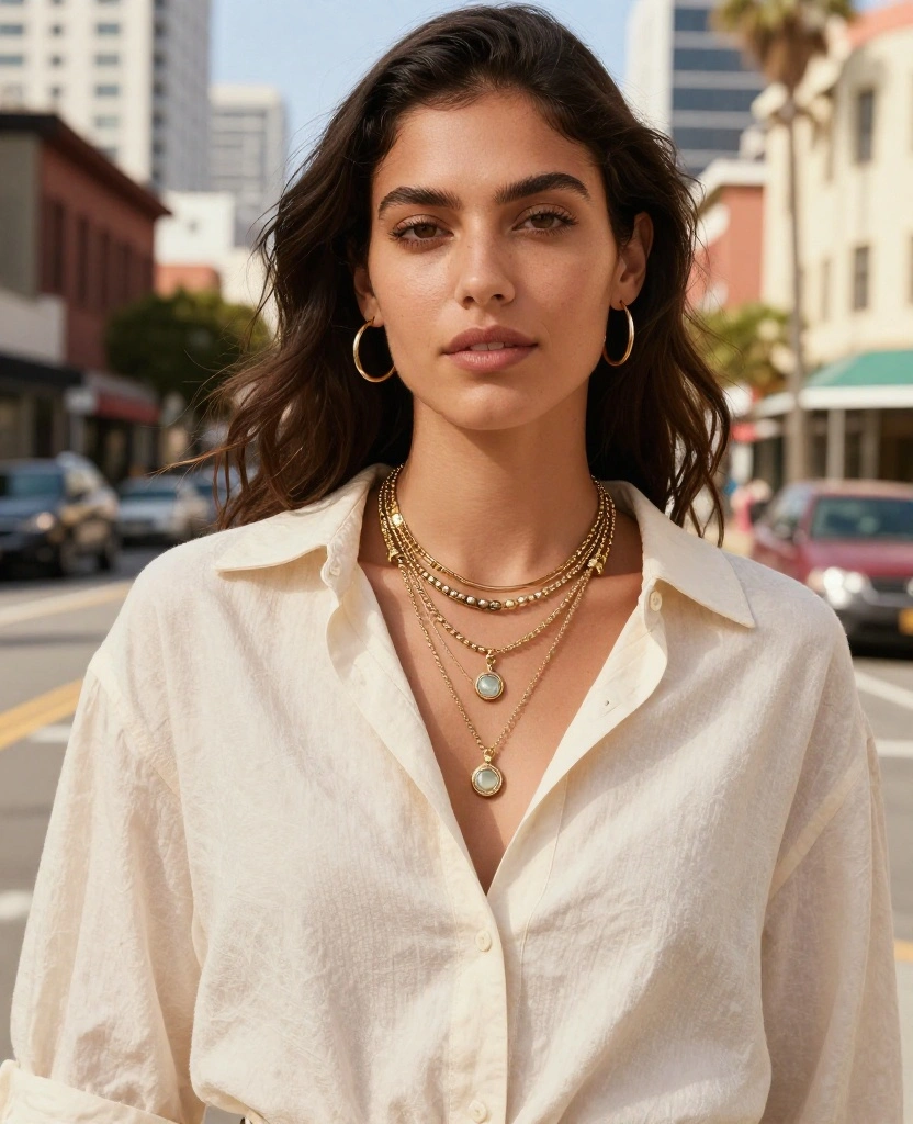 12 Chic California Street Style Looks for August (Fashionistas, Pay Attention!) 62 What to Wear in California in August 12 Chic California Street Style Looks for August (Fashionistas, Pay Attention!) - 10. Layered Necklaces 1