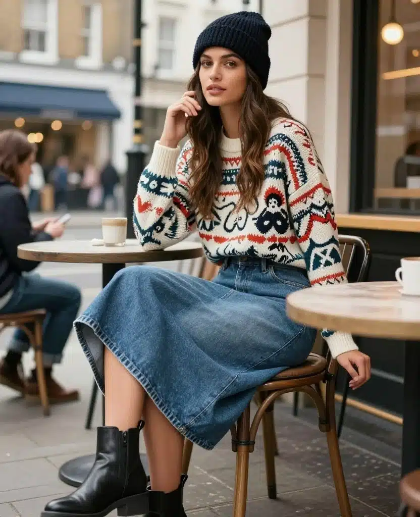 16 Casual Yet Chic Outfits for London in August (You’ll Be Surprised by #10!) 66 What to wear in London in August 16 Casual Yet Chic Outfits for London in August (You’ll Be Surprised by #10!) - 10. Surprise: Denim Skirt and Graphic Sweater 1