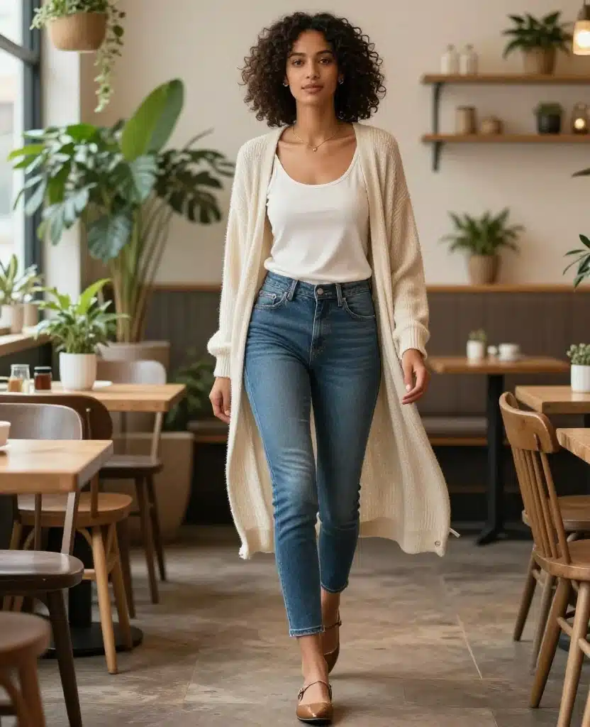 16 Casual Yet Chic Outfits for London in August (You’ll Be Surprised by #10!) 87 What to wear in London in August 16 Casual Yet Chic Outfits for London in August (You’ll Be Surprised by #10!) - 13. Layered Tank with a Long Cardigan 1