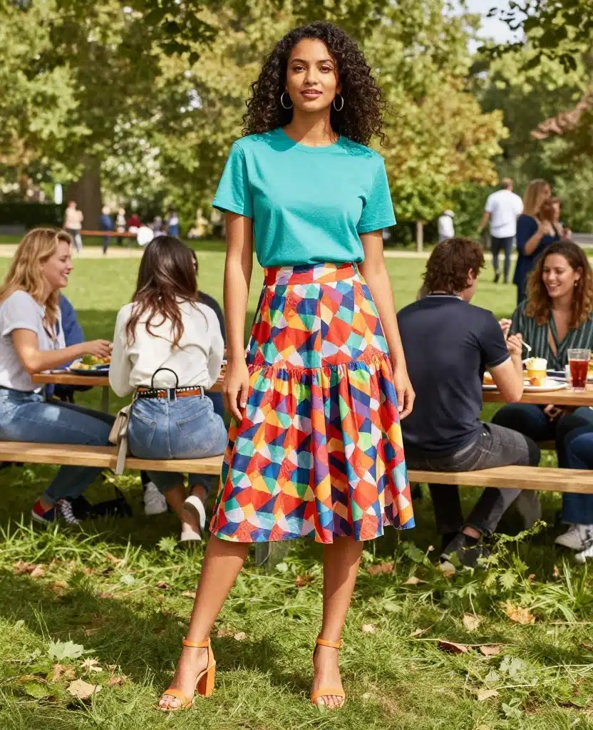 16 Casual Yet Chic Outfits for London in August (You’ll Be Surprised by #10!) 101 What to wear in London in August 16 Casual Yet Chic Outfits for London in August (You’ll Be Surprised by #10!) - 15. Colorful Tee and A-Line Skirt 1