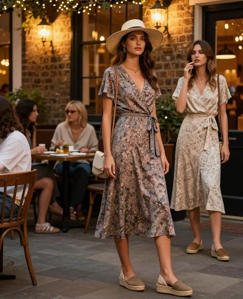 16 Casual Yet Chic Outfits for London in August (You’ll Be Surprised by #10!) 108 What to wear in London in August 16 Casual Yet Chic Outfits for London in August (You’ll Be Surprised by #10!) - 16. Effortless Wrap Dress with Espadrilles 1