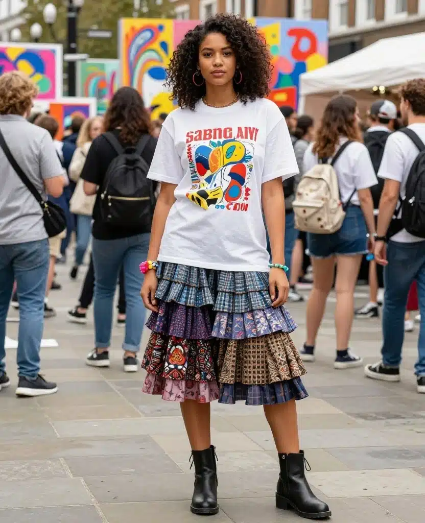 16 Casual Yet Chic Outfits for London in August (You’ll Be Surprised by #10!) 43 What to wear in London in August 16 Casual Yet Chic Outfits for London in August (You’ll Be Surprised by #10!) - 7. Layered Skirts with a Graphic Tee 1