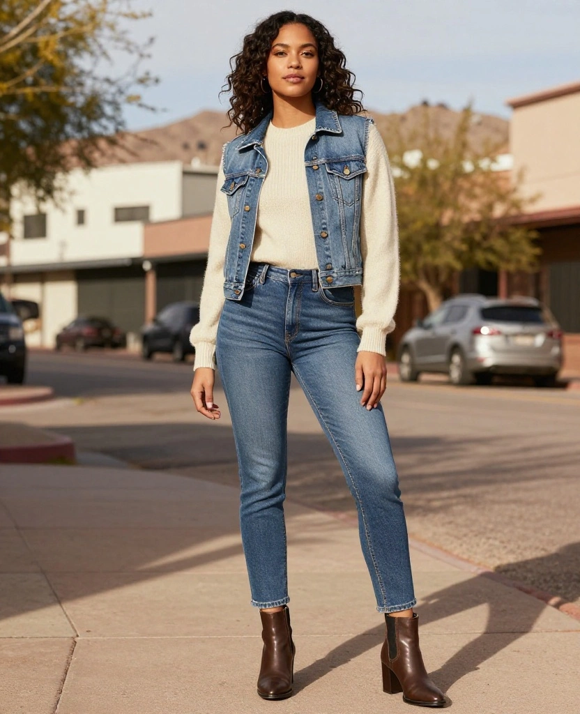 10 Must-Have Outfits for Scottsdale in October That Will Turn Heads! 6 What to Wear in Scottsdale in October 10 Must-Have Outfits for Scottsdale in October That Will Turn Heads! - 2. Chic Denim Jacket Over a Light Sweater 1