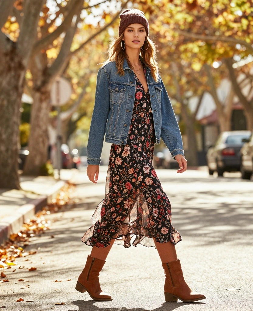 12 Casual California Fall Outfits That Are Perfect for November Adventures! 66 What to Wear in California in November 12 Casual California Fall Outfits That Are Perfect for November Adventures! - 10. Classic Jean Jacket with a Maxi Dress 1