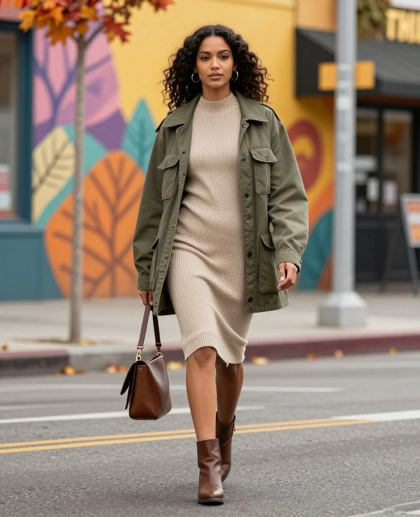 12 Casual California Fall Outfits That Are Perfect for November Adventures! 59 What to Wear in California in November 12 Casual California Fall Outfits That Are Perfect for November Adventures! - 9. Knit Dress with a Utility Jacket 1