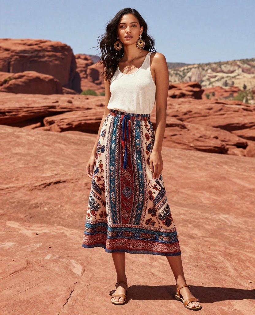 12 Casual Outfits for Sedona in October That Are Both Cool and Chic! 73 What to Wear in Sedona in October 12 Casual Outfits for Sedona in October That Are Both Cool and Chic! - 11. Bohemian-Inspired Skirt with a Simple Top 1
