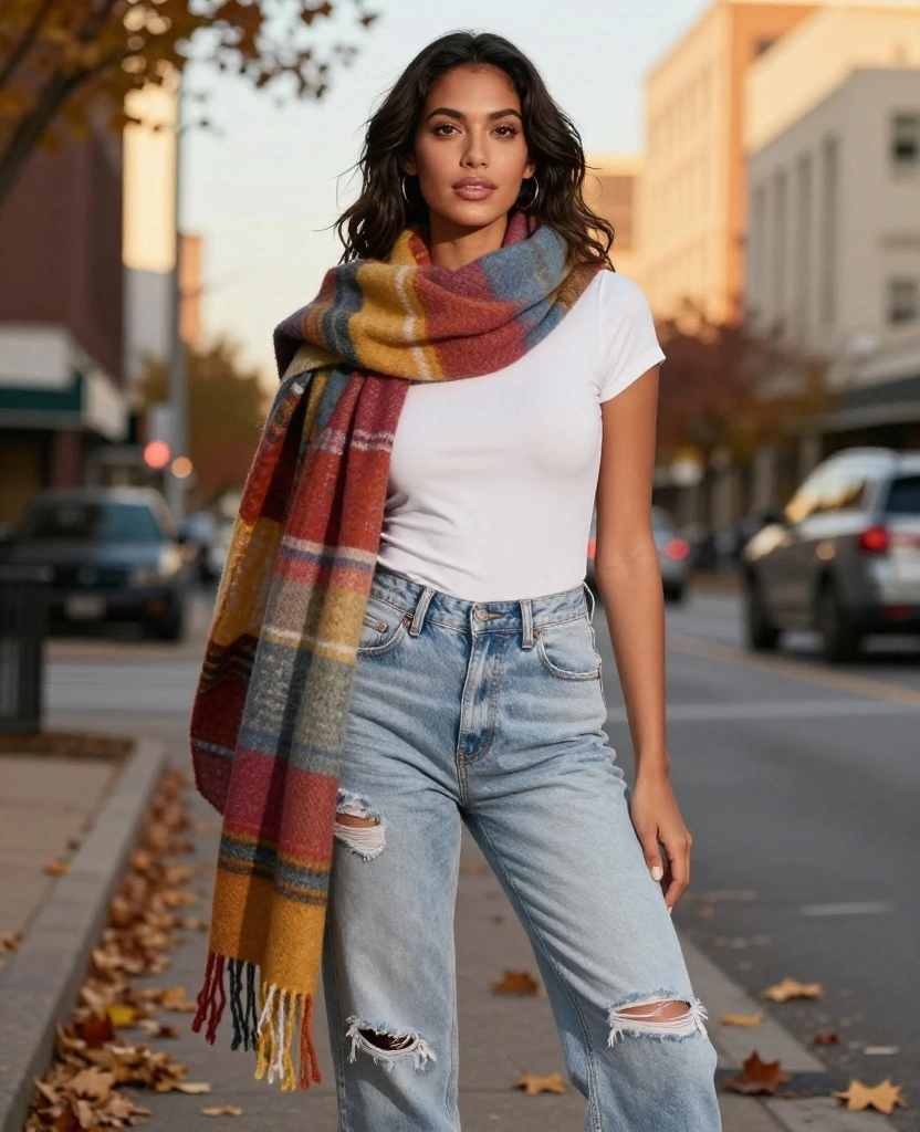 12 Chic Layering Ideas for Dallas in October (Get Ready for #8!) 15 What to Wear in Dallas in October 12 Chic Layering Ideas for Dallas in October (Get Ready for #8!) - 3. Oversized Scarf with a Basic Tee 1
