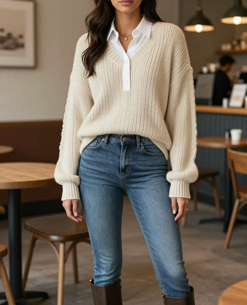 12 Chic Layering Ideas for Dallas in October (Get Ready for #8!) 34 What to Wear in Dallas in October 12 Chic Layering Ideas for Dallas in October (Get Ready for #8!) - 6. Chunky Knit Sweater with a Button-Up 1
