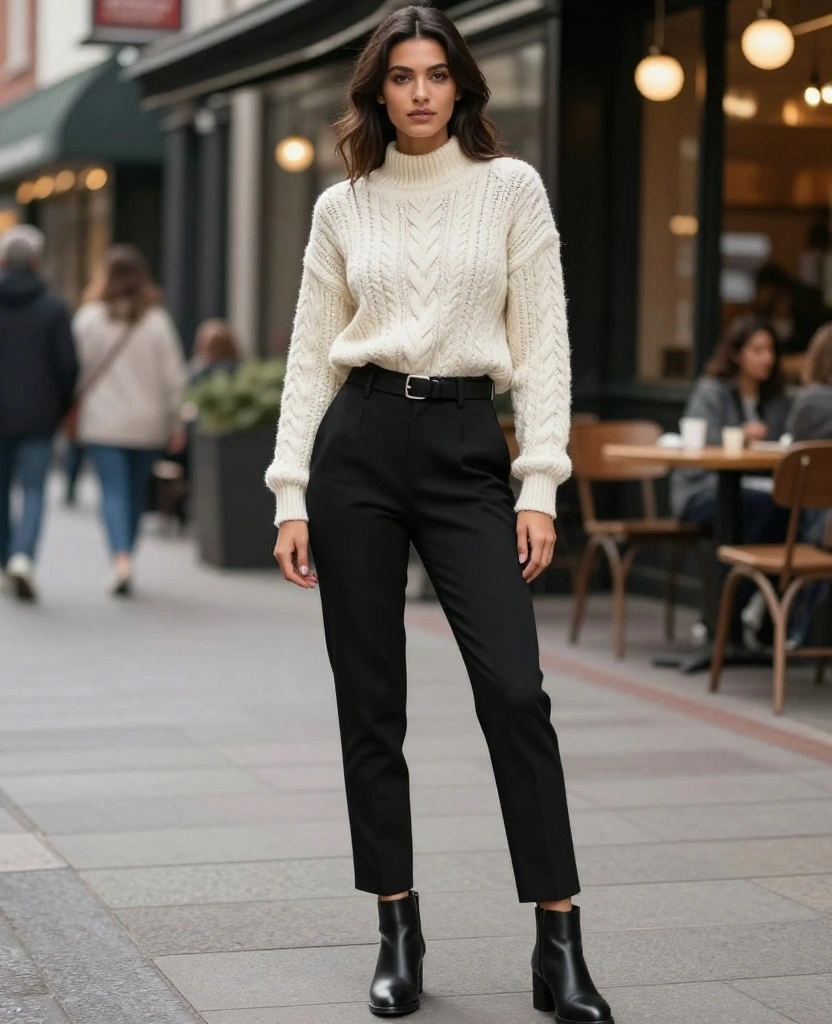 12 Cozy Outfits to Wear in Portland This December (You’ll Love #7!) 33 What to Wear in Portland in December 12 Cozy Outfits to Wear in Portland This December (You’ll Love #7!) - 5. Cable Knit Sweater and Tailored Trousers 1