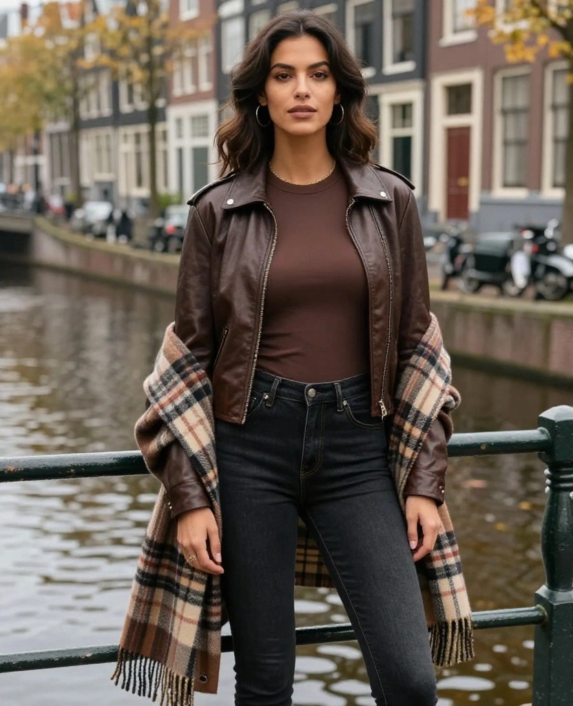 12 Cozy and Chic Outfits Perfect for Amsterdam in November (Trust Us, #4 Is a Game Changer!) 52 What to Wear in Amsterdam in November 12 Cozy and Chic Outfits Perfect for Amsterdam in November (Trust Us, #4 Is a Game Changer!) - 8. Trendy Plaid Scarf & Leather Jacket 1