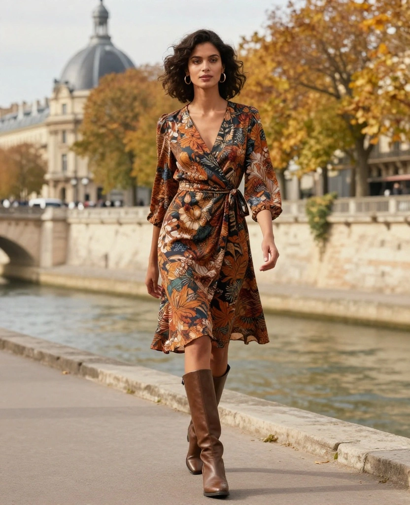 12 Trendy Outfits for a Stylish October in Paris (Warning: #7 Is a Showstopper!) 33 What to Wear in Paris in October 12 Trendy Outfits for a Stylish October in Paris (Warning: #7 Is a Showstopper!) - 5. Elegant Wrap Dresses with Knee-High Boots 1