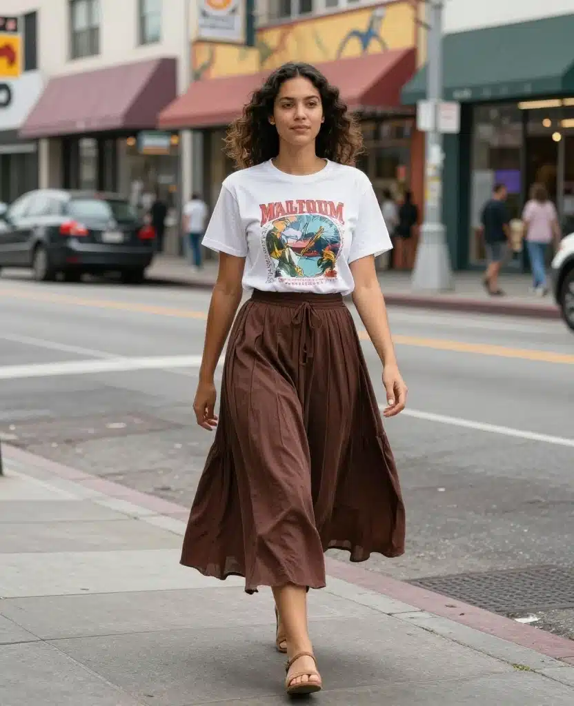 13 Essential Outfits to Pack for LA in October (Travel Light with #5!) 22 What to Wear in Los Angeles in October 13 Essential Outfits to Pack for LA in October (Travel Light with #5!) - 4. Graphic Tee and Skirt Combo 1