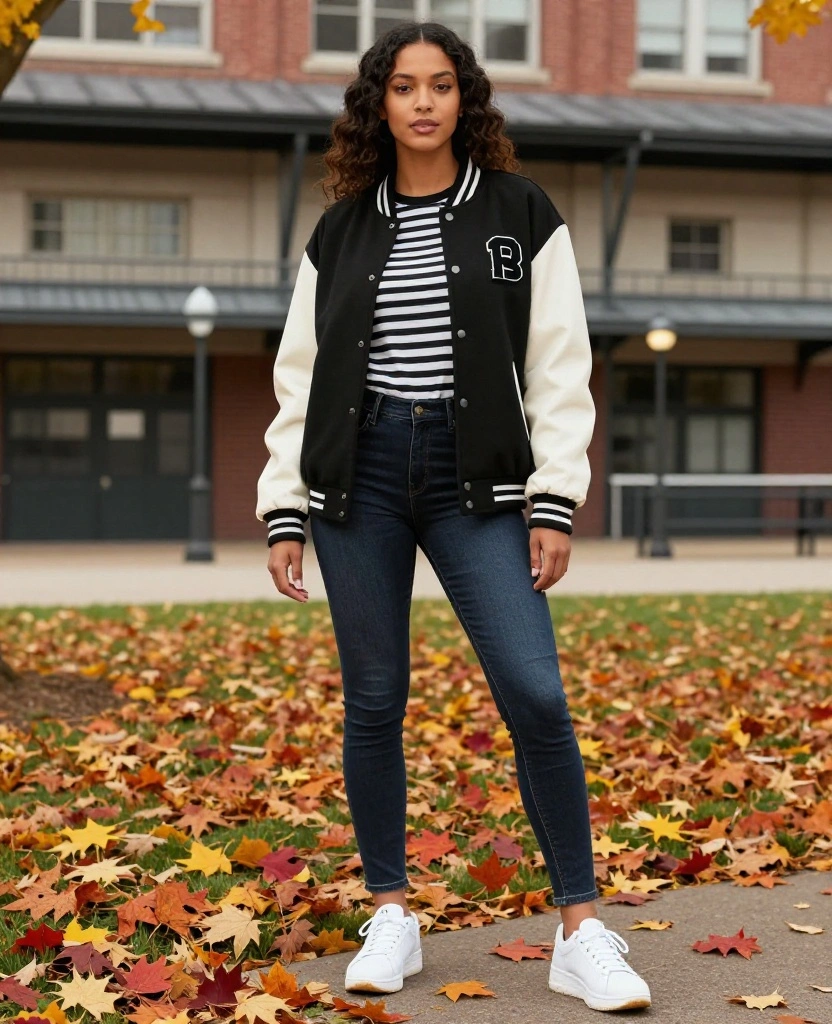 14 Comfy and Cute Outfits for Laid-Back Days in Chicago This October! 73 What to Wear in Chicago in October 14 Comfy and Cute Outfits for Laid-Back Days in Chicago This October! - 11. Sporty Chic with a Varsity Jacket 1