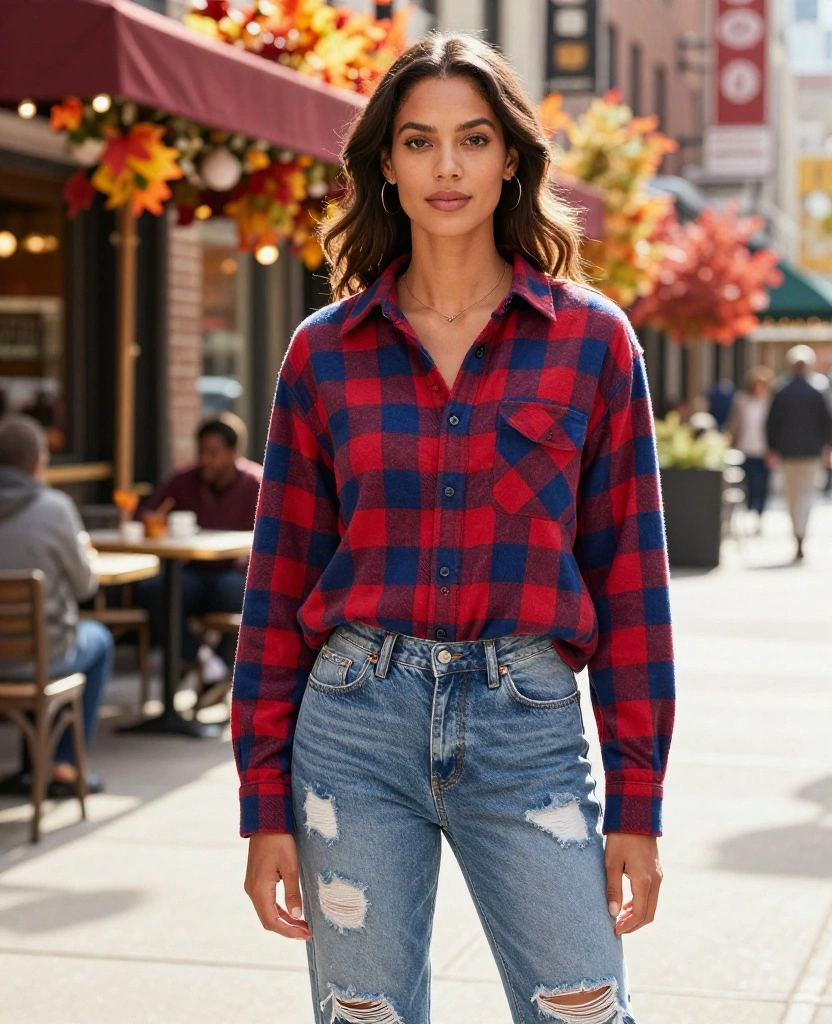14 Comfy and Cute Outfits for Laid-Back Days in Chicago This October! 8 What to Wear in Chicago in October 14 Comfy and Cute Outfits for Laid-Back Days in Chicago This October! - 2. Flannel Shirt & Denim Jeans 1
