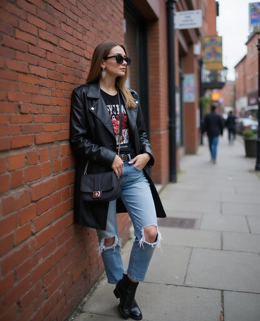 15 Essential Outfits for Your Manchester Trip in October (Pack Like a Pro!) 41 What to Wear in Manchester in October 15 Essential Outfits for Your Manchester Trip in October (Pack Like a Pro!) - 7. Edgy Vibes: Leather Jacket and Ripped Jeans 1