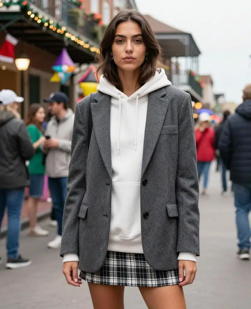 15 Perfect Layering Ideas for a Trendy October in New Orleans (You’ll Love #7!) 64 What to Wear in New Orleans in October 15 Perfect Layering Ideas for a Trendy October in New Orleans (You’ll Love #7!) - 10. Casual Skirt with a Hoodie and Blazer 1