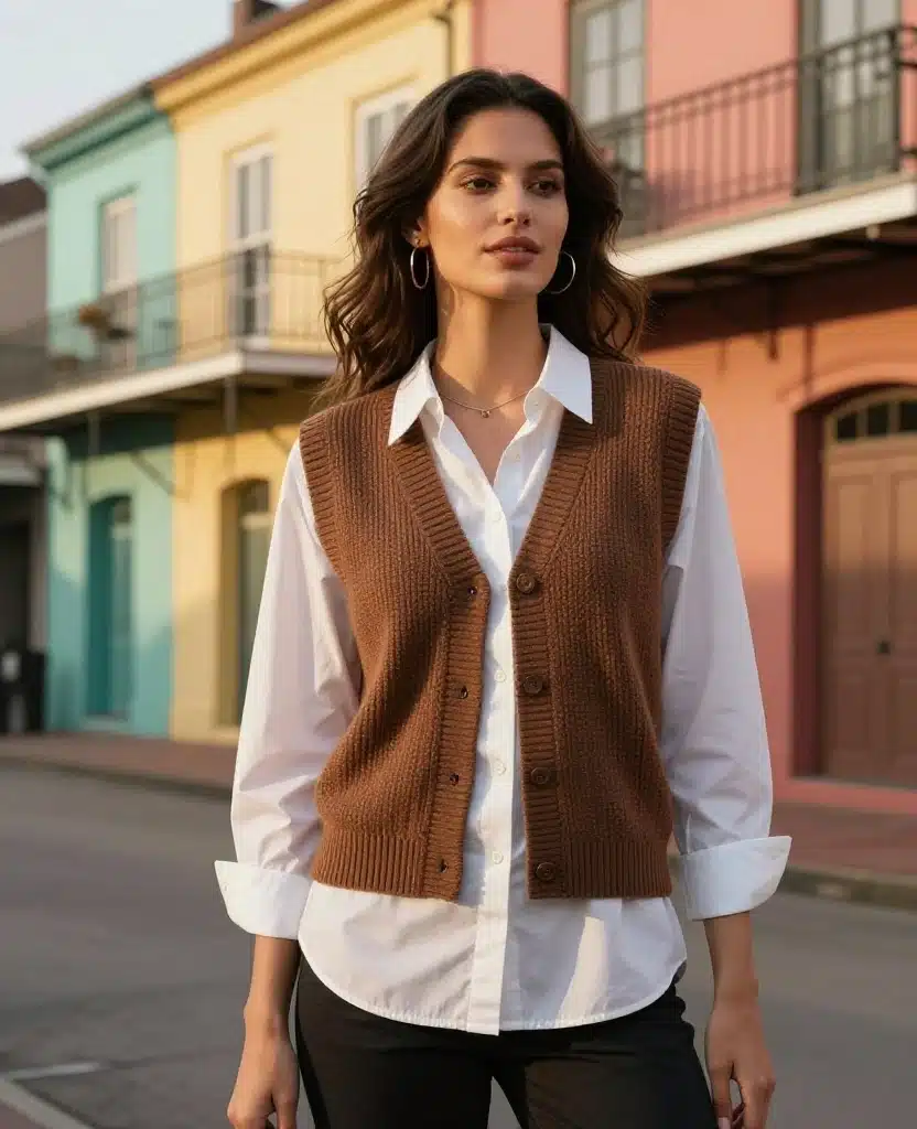15 Perfect Layering Ideas for a Trendy October in New Orleans (You’ll Love #7!) 59 What to Wear in New Orleans in October 15 Perfect Layering Ideas for a Trendy October in New Orleans (You’ll Love #7!) - 9. Button-Up Shirt with a Sweater Vest 1