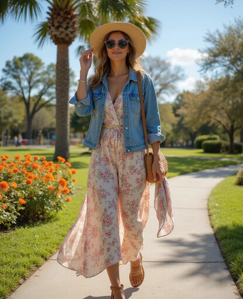 15 Stylish Looks for October in Tampa That Are Perfect for the Weather! 1 What to Wear in Tampa in October 15 Stylish Looks for October in Tampa That Are Perfect for the Weather! - 1. Breezy Maxi Dress with a Denim Jacket 1