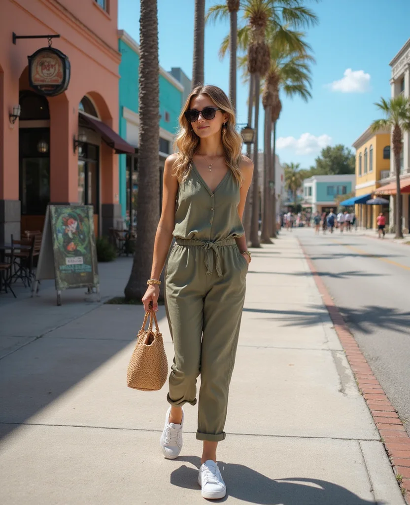 15 Stylish Looks for October in Tampa That Are Perfect for the Weather! 8 What to Wear in Tampa in October 15 Stylish Looks for October in Tampa That Are Perfect for the Weather! - 2. Lightweight Jumpsuit with Sneakers 1