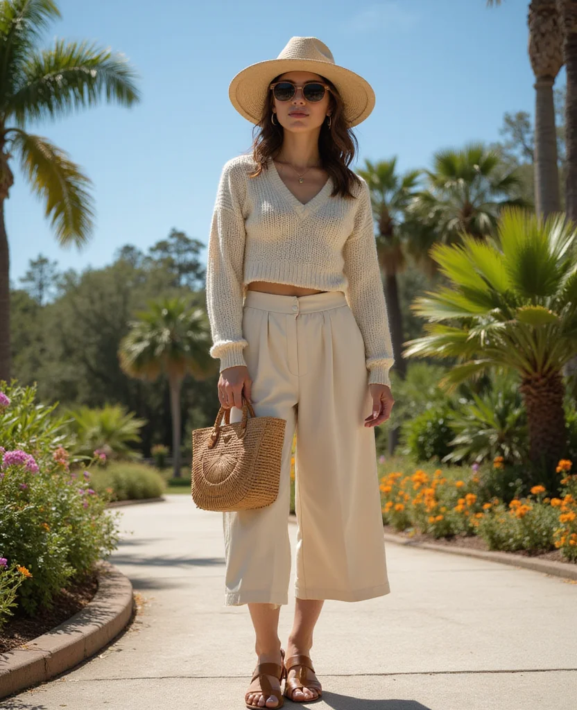 15 Stylish Looks for October in Tampa That Are Perfect for the Weather! 22 What to Wear in Tampa in October 15 Stylish Looks for October in Tampa That Are Perfect for the Weather! - 4. Cropped Sweater with Light Culottes 1