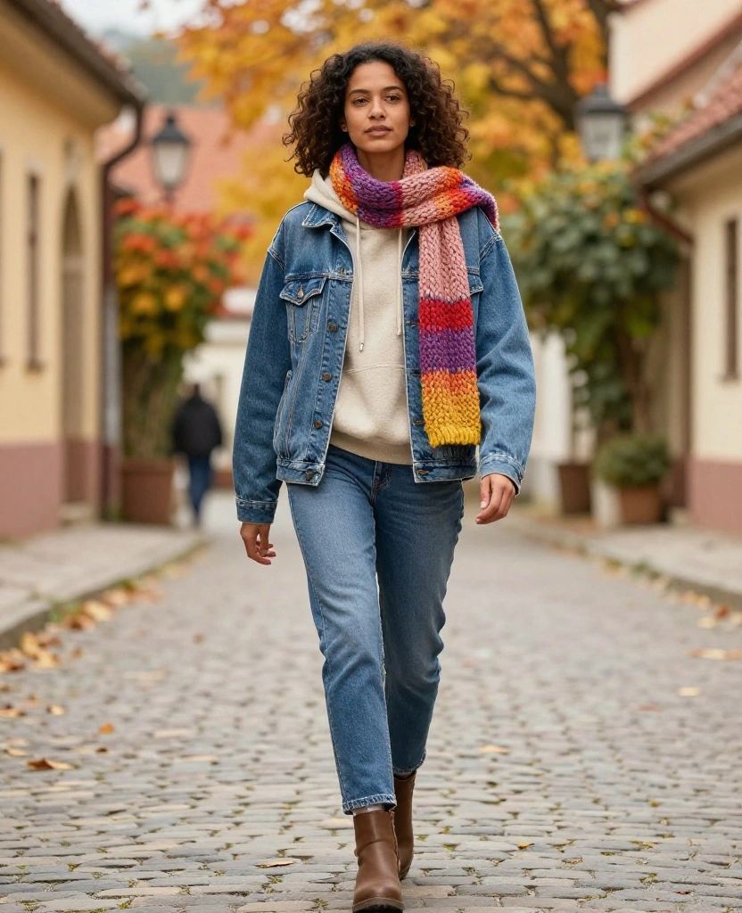 11 Stylish October Fashion Ideas for Your Zagreb Getaway! 15 what to wear in Zagreb in October 11 Stylish October Fashion Ideas for Your Zagreb Getaway! - 3. Classic Denim Jacket with Layered Scarves 1