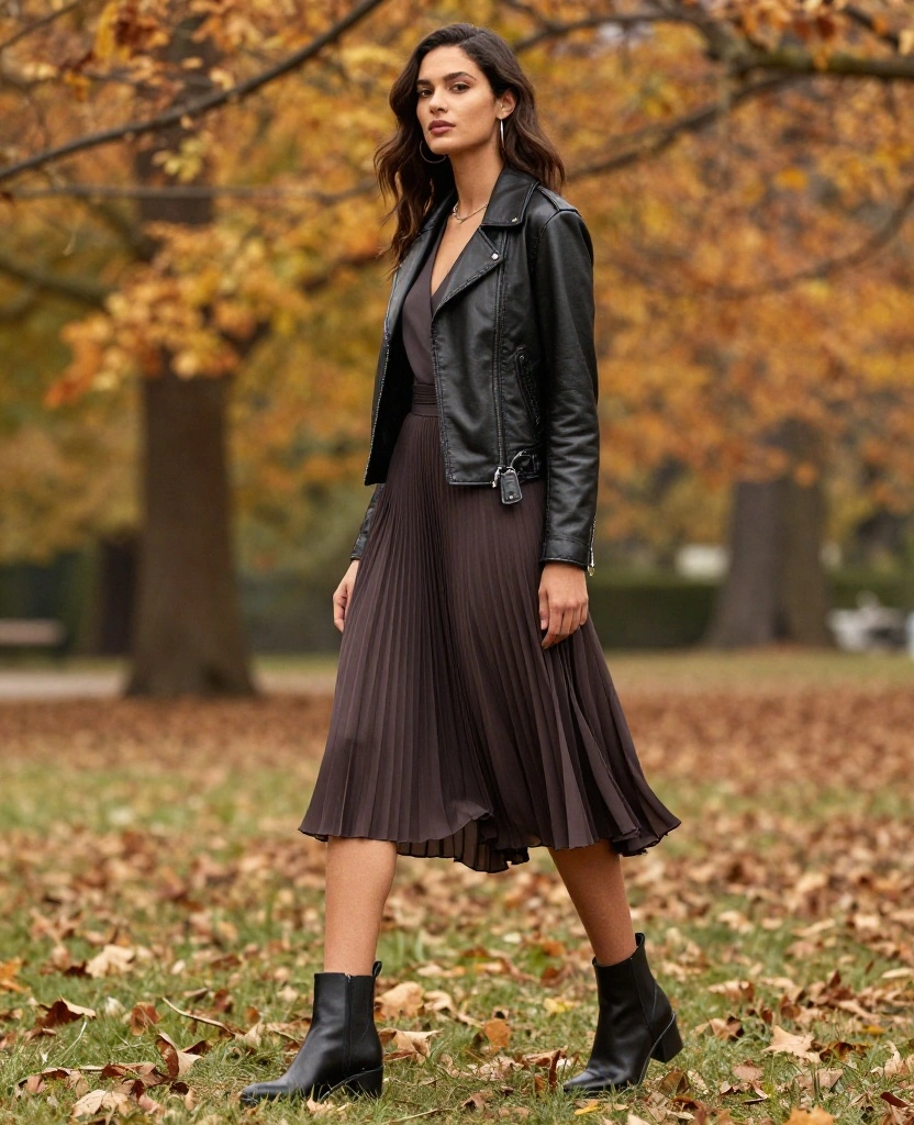 12 Chic Fall Outfits for Milan in October That Will Turn Heads Everywhere! 36 what to wear in Milan in October 12 Chic Fall Outfits for Milan in October That Will Turn Heads Everywhere! - 6. Timeless Leather Jacket with a Midi Dress 1