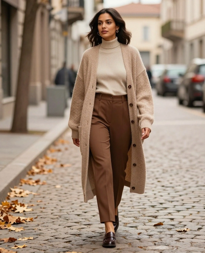 12 Chic Fall Outfits for Milan in October That Will Turn Heads Everywhere! 45 what to wear in Milan in October 12 Chic Fall Outfits for Milan in October That Will Turn Heads Everywhere! - 7. Cozy Cardigan with High-Waisted Trousers 1