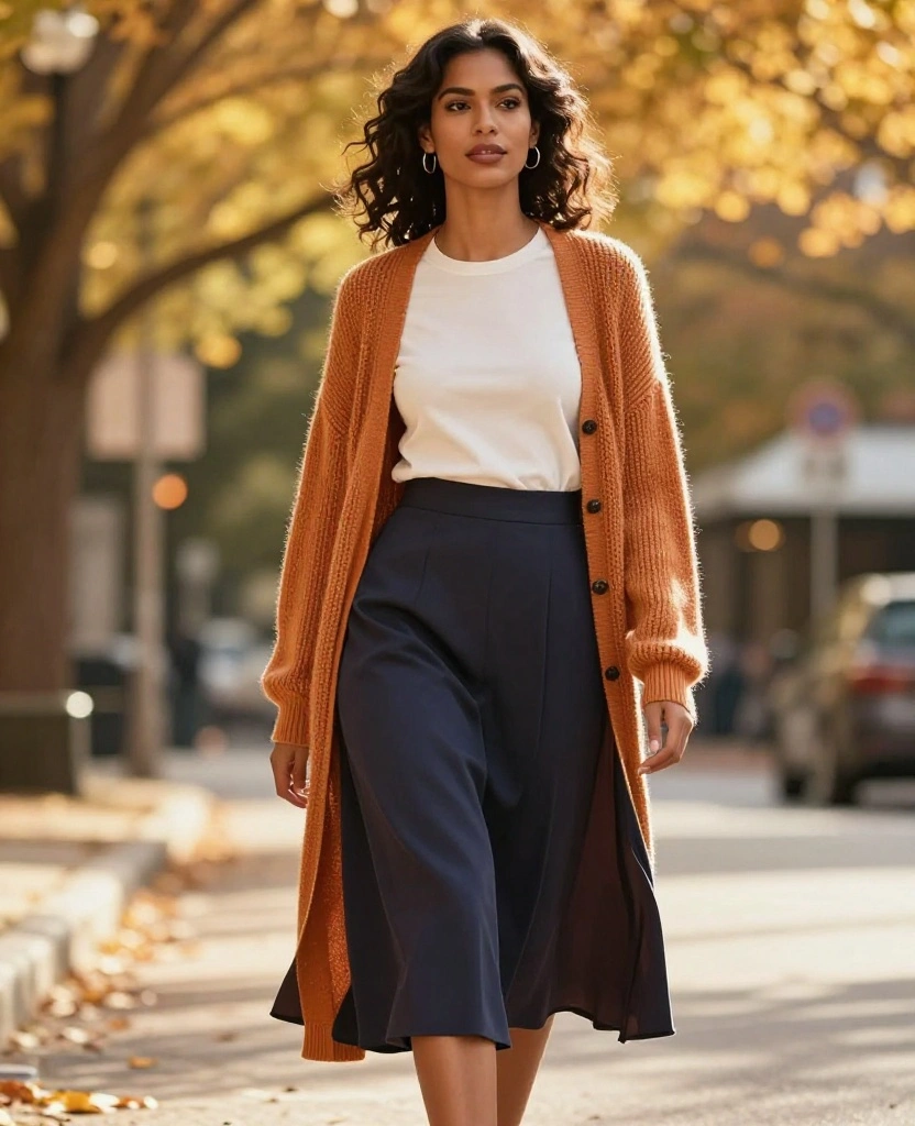 12 Chic Layering Ideas for Dallas in October (Get Ready for #8!) 71 What to Wear in Dallas in October 12 Chic Layering Ideas for Dallas in October (Get Ready for #8!) - 11. Chic Midi Skirt with a Cardigan 1