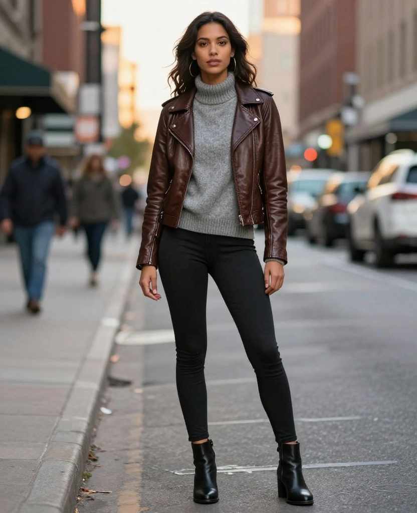 12 Chic Layering Ideas for Dallas in October (Get Ready for #8!) 57 What to Wear in Dallas in October 12 Chic Layering Ideas for Dallas in October (Get Ready for #8!) - 9. Leather Jacket Over a Sweater 1