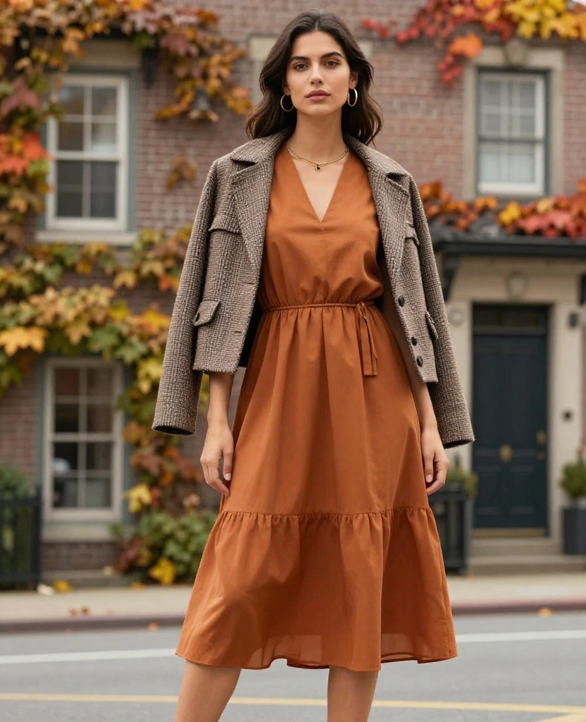 13 Eco-Friendly Outfit Ideas for a Green October in Halifax 8 what to wear in Halifax in October 13 Eco-Friendly Outfit Ideas for a Green October in Halifax - 2. Layered Midi Dress with a Recycled Jacket 1