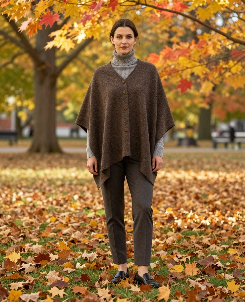 13 Eco-Friendly Outfit Ideas for a Green October in Halifax 52 what to wear in Halifax in October 13 Eco-Friendly Outfit Ideas for a Green October in Halifax - 8. Chic Poncho over Turtleneck and Trousers 1