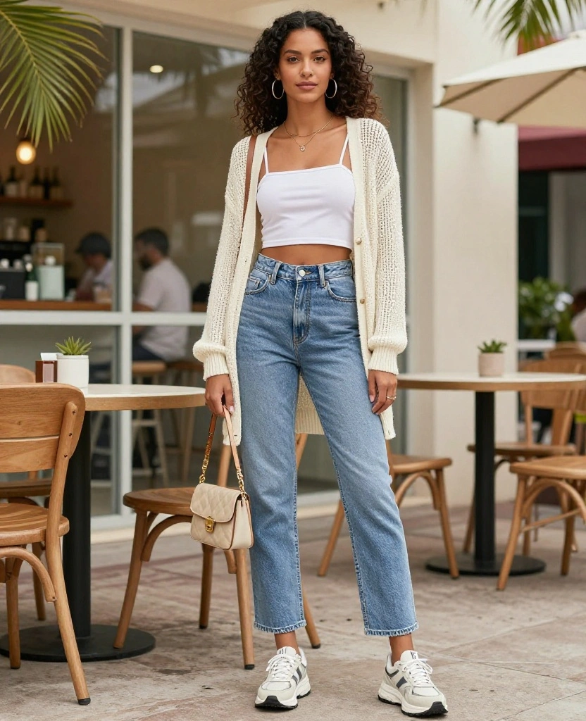 13 Effortless Outfits for a November Day in Fort Lauderdale 8 what to wear in Fort Lauderdale in November 13 Effortless Outfits for a November Day in Fort Lauderdale - 2. Lightweight Cardigan with Crop Top and Jeans 1
