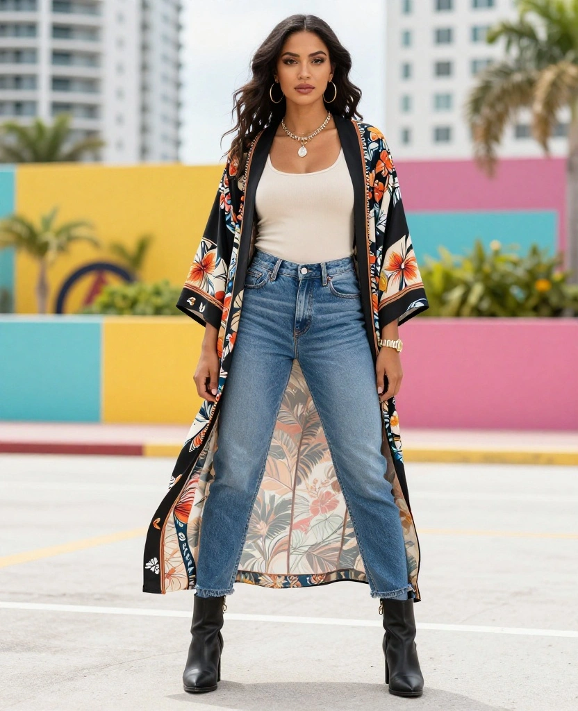 13 Effortless Outfits for a November Day in Fort Lauderdale 52 what to wear in Fort Lauderdale in November 13 Effortless Outfits for a November Day in Fort Lauderdale - 8. Printed Kimono Over a Tank Top and Jeans 1