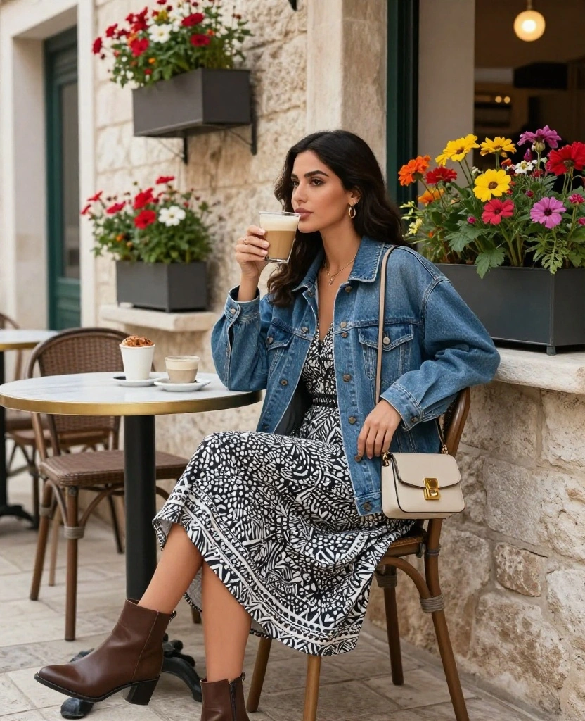 14 Chic Travel Outfits for Split in October (Perfect for Every Occasion!) 22 what to wear in Split in October 14 Chic Travel Outfits for Split in October (Perfect for Every Occasion!) - 4. Classic Denim Jacket and Printed Dress 1