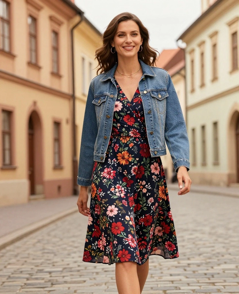 14 Chic Wrocław Outfits for October That Will Elevate Your Travel Style! 34 what to wear in Wrocław in October 14 Chic Wrocław Outfits for October That Will Elevate Your Travel Style! - 6. Denim Jacket with Floral Midi Dress 1
