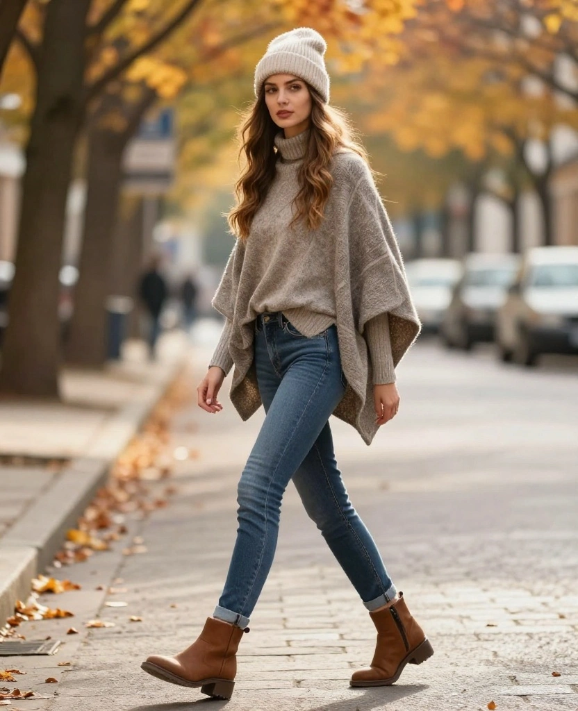 14 Chic Wrocław Outfits for October That Will Elevate Your Travel Style! 43 what to wear in Wrocław in October 14 Chic Wrocław Outfits for October That Will Elevate Your Travel Style! - 7. Layered Poncho with Fitted Jeans 1