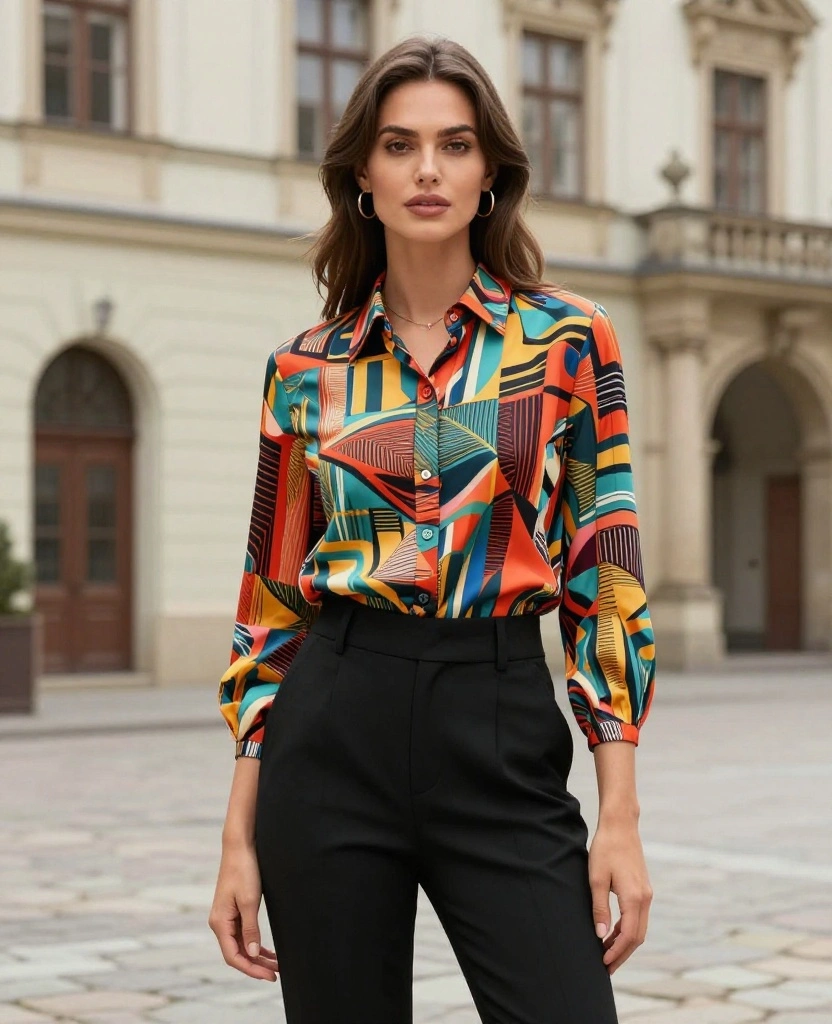 14 Chic Wrocław Outfits for October That Will Elevate Your Travel Style! 50 what to wear in Wrocław in October 14 Chic Wrocław Outfits for October That Will Elevate Your Travel Style! - 8. Bold Patterns with Black Trousers 1