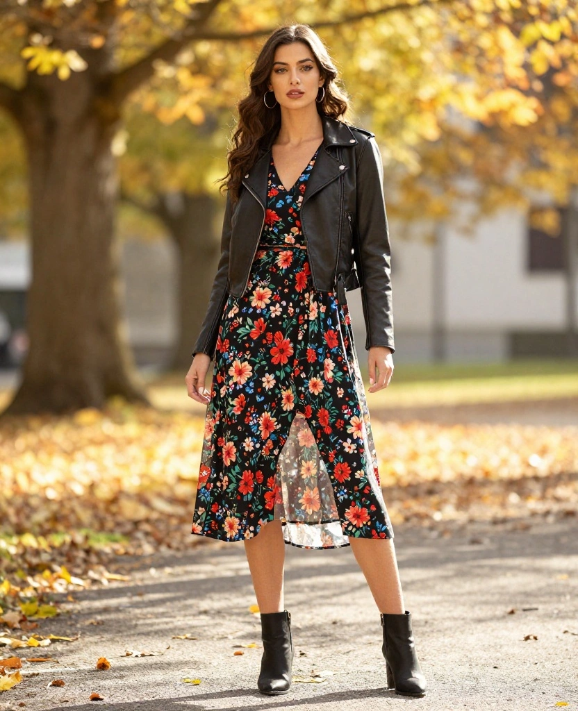 14 Outfit Ideas for a Stylish October in Innsbruck (Don't Skip #8!) 81 what to wear in Innsbruck in October 14 Outfit Ideas for a Stylish October in Innsbruck (Don't Skip #8!) - 12. Floral Midi Dress with a Leather Jacket 1