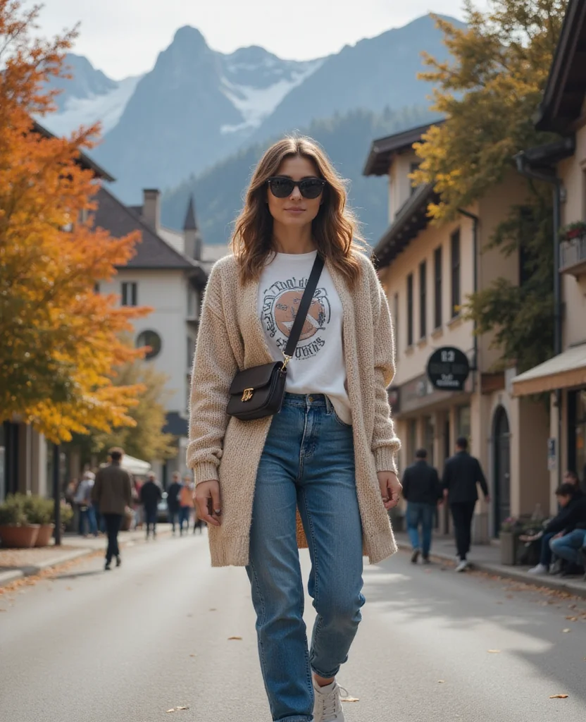 14 Outfit Ideas for a Stylish October in Innsbruck (Don't Skip #8!) 36 what to wear in Innsbruck in October 14 Outfit Ideas for a Stylish October in Innsbruck (Don't Skip #8!) - 6. Cardigan Over a Graphic Tee with Jeans 1