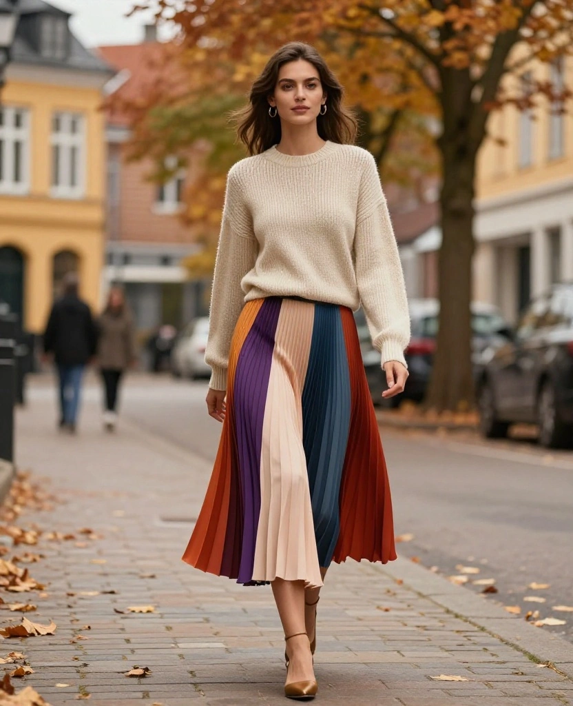 15 Cozy and Stylish Fall Outfits for Your Copenhagen October Getaway! 20 what to wear in Copenhagen in October 15 Cozy and Stylish Fall Outfits for Your Copenhagen October Getaway! - 4. Layered Sweater with a Pleated Skirt 1