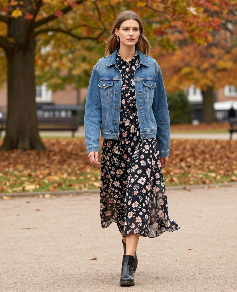 15 Cozy and Stylish Fall Outfits for Your Copenhagen October Getaway! 43 what to wear in Copenhagen in October 15 Cozy and Stylish Fall Outfits for Your Copenhagen October Getaway! - 7. Denim Jacket with a Floral Maxi Skirt 1
