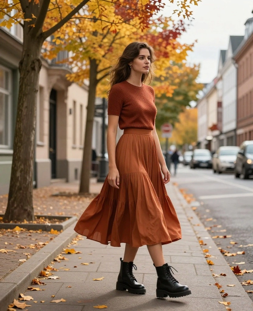 15 Must-Have Outfits for Your Cologne October Adventure (You Won't Want to Miss #7!) 57 what to wear in Cologne in October 15 Must-Have Outfits for Your Cologne October Adventure (You Won't Want to Miss #7!) - 9. Flowy Skirt with Chunky Boots 1