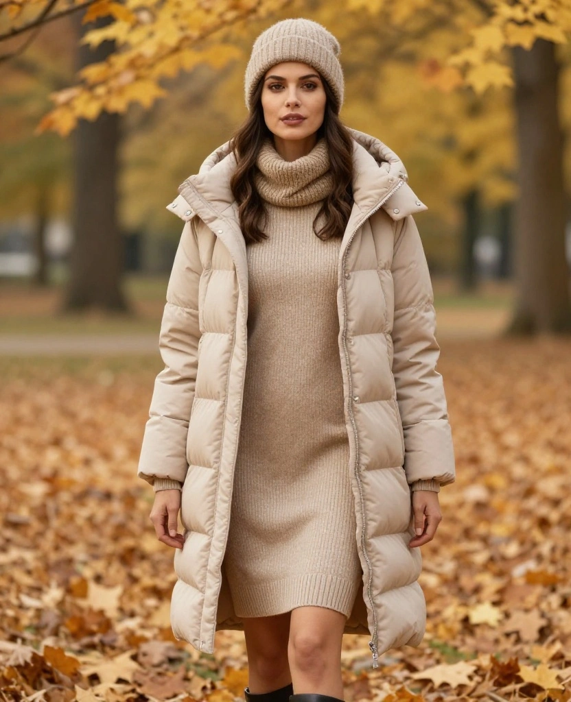 15 Travel Outfit Ideas for Warsaw in October That'll Keep You Cozy and Chic! 22 what to wear in Warsaw in October 15 Travel Outfit Ideas for Warsaw in October That'll Keep You Cozy and Chic! - 4. Cozy Puffer Jackets with Sweater Dresses 1