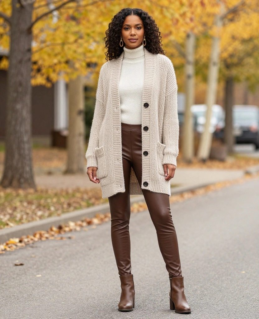 15 Trending Outfits for Your Aspen Adventure in October (You Won't Believe #7!) 36 What to Wear in Aspen in October 15 Trending Outfits for Your Aspen Adventure in October (You Won't Believe #7!) - 6. Chunky Cardigan and Leather Leggings 1