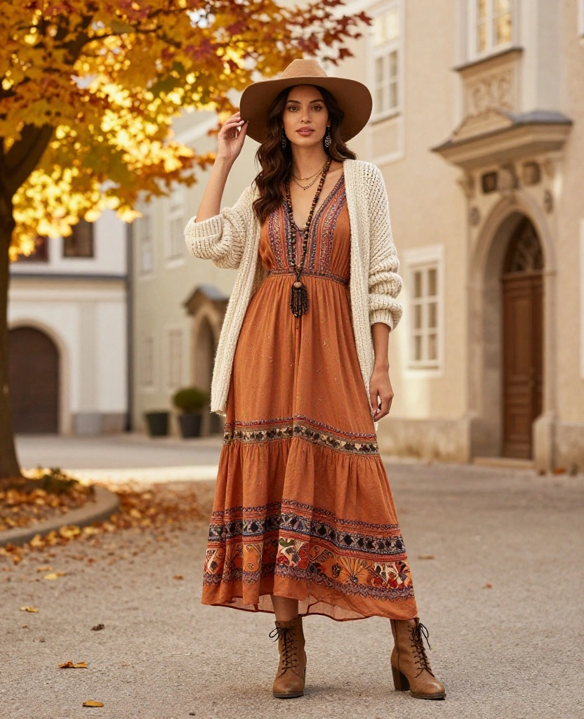 Discover 12 Trendy Fall Outfits for Your Salzburg Adventure This October! 15 what to wear in Salzburg in October Discover 12 Trendy Fall Outfits for Your Salzburg Adventure This October! - 3. Bohemian Vibes: Maxis and Flowy Fabrics 1
