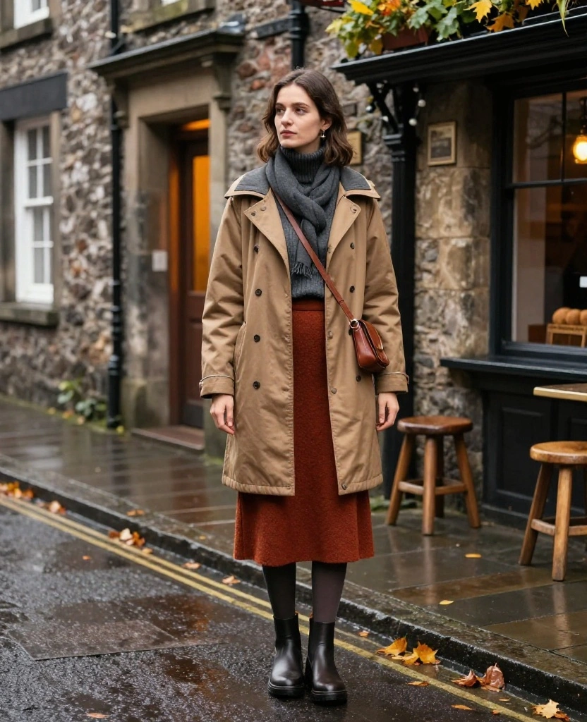 10 Killarney November Outfits That Go From Castle Sightseeing to Cozy Pub Evenings 15 What to Wear in Killarney in November 10 Killarney November Outfits That Go From Castle Sightseeing to Cozy Pub Evenings - 3. The Midi Skirt, Tights, and Weatherproof Chelsea Boots 1
